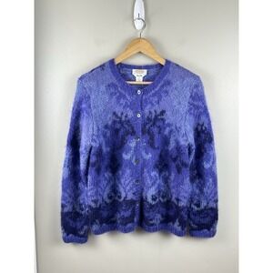 Talbots Vtg Mohair Cardigan Fuzzy Hand Knit Button Up Sweater Purple Print Sz M‎